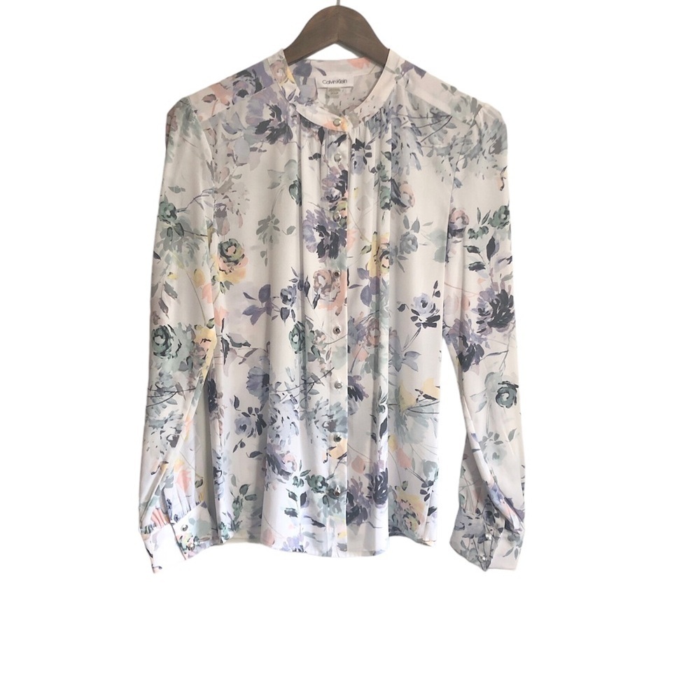 Calvin Klein White Floral Long Sleeve Button Down Blouse